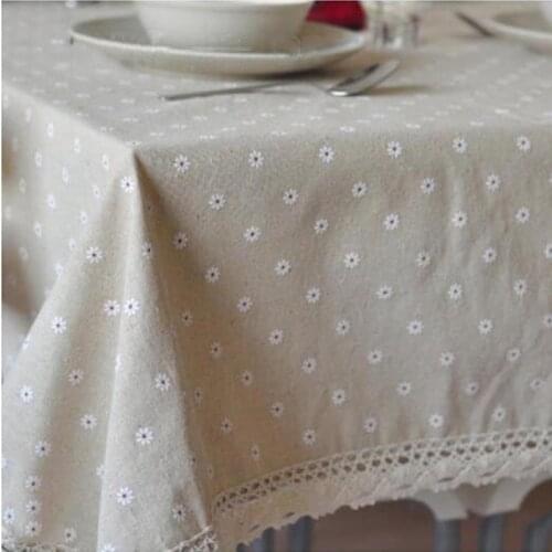 Linen Cotton Dining Tablecloth With Lace Flower Pattern Wedding Party Table Cover For Hotel Restaurant Banquet Decor