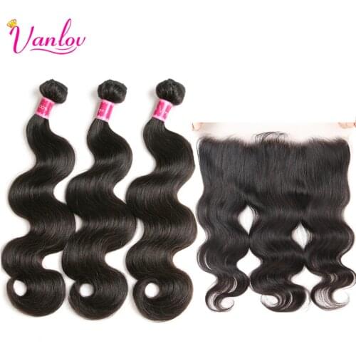 Vanlov Brazilian Hair Weave Bundles With Frontal Human Hair Body Wave Bundles With Closure 13X4 Lace Front Closure And Bundles