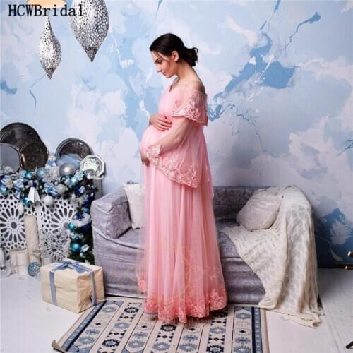 New Design Pink Plus Size Long Sleeves Evening Dress For Pregnant Women High Waist Lace Maternity Dresses Customize Prom Gowns