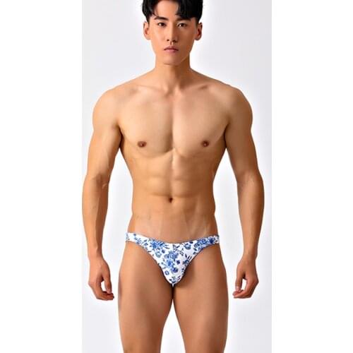 WD293 Blue Floral Mens Swim Briefs Bikinis Swimwear Swimming Trunks For Man Swimsuit Bathing Suit Beach Shorts Small Size