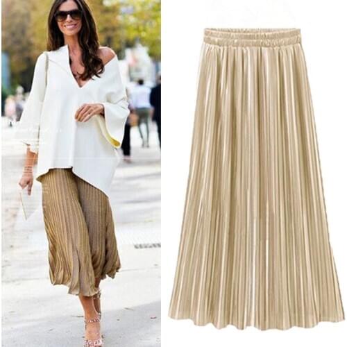 Women Elegant Pleated Skirts Solid Color Retro Elastic High Waist Skirts Korean Style Women Mid-Calf Skirts