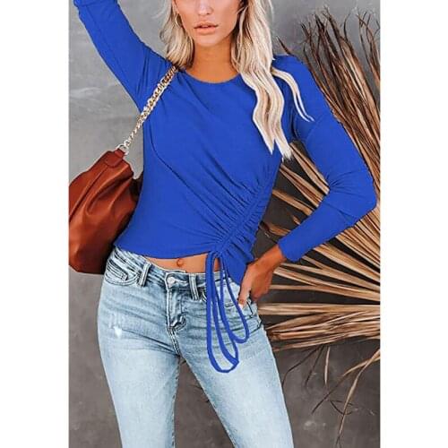 Women Long Sleeve T-Shirt Fashion Lady Solid Color Shirring Slim Basic Top Tee Casual Solid Color Round Neck Drawstring Shirt