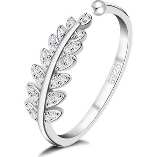 High Quality Cubic Zircon 925 Sterling Silver Adjustable Open Rings For Women Korean Leaf Finger Ring Party Gifts Jewelry