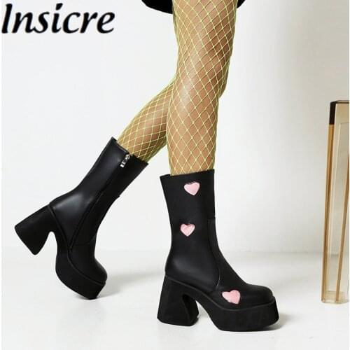 Insicre Women Mid Calf Boots Round Toe Heart Shape Platform Pu Leather Thick High Heel Shoes Zipper White Size 43 2021 Winter