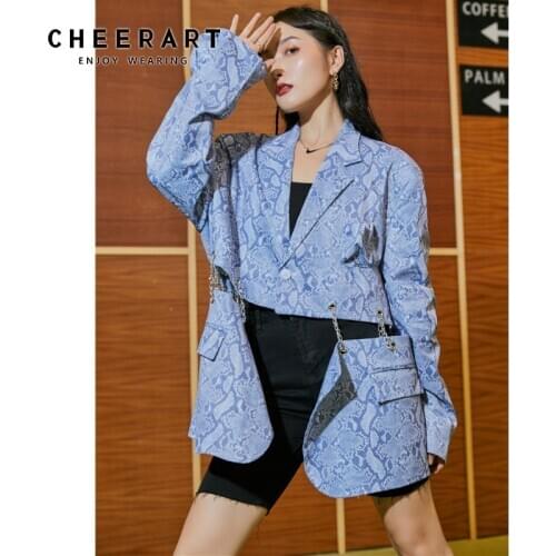 CHEERART Snake Print Blue Women Blazer Oversize Fall Jacket And Coats 2020 Fashion Tailor Coat Suit Single Button Streetwear