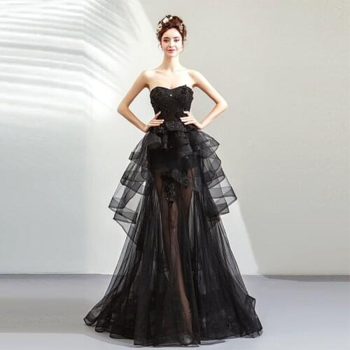 Sexy Black Prom Dresses Sweetheart Neckline See Through Tiered Skirt Formal Party Dresses 2019 New Special Occasion Prom Gowns