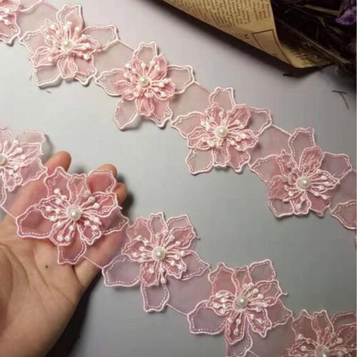 10x Pink 3D Pearl Flower Handmade Beaded Embroidered Fabric Lace Trim Ribbon Double Layers Applique Dress DIY Sewing Craft