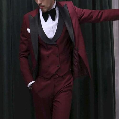2021 Wine Red Groom Tuxedos Casual Business Suit Evening Dress Costume Homme Mens Suits Kостюм Mужской 3PCS(Jacket+Pants+Vest)