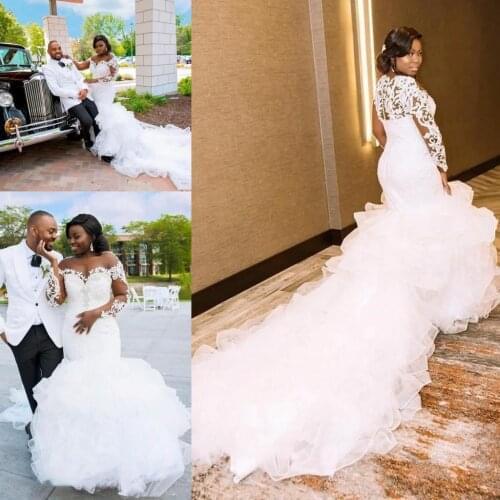 African Wedding Dresses with Long Sleeve Custom Made Lace Applique Cascading Ruffles Sweep Train Beach Bride Reception Gown