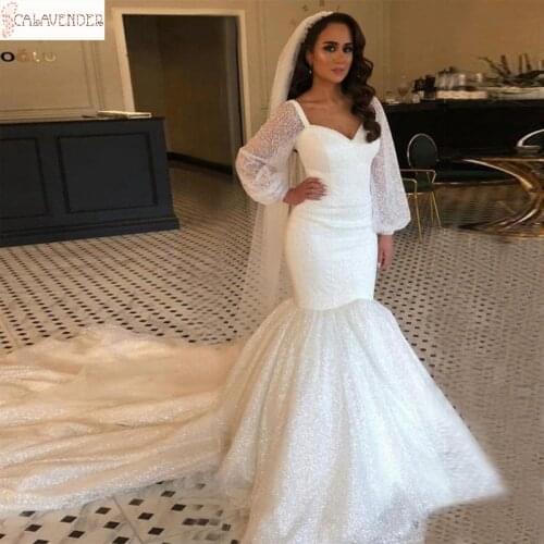 Sparkle Tulle Long Sleeve Wedding Dresses with Long Train V-Neck vestido de noiva Lace Up Back Mermaid Wedding Gowns