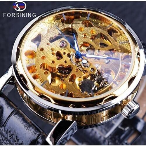 Forsining Retro Automatic Self-wind Watches Fashion Golden Black Display Mens Skeleton Watches Top Brand Luxury Luminous Hands