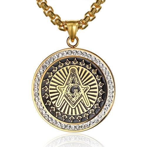 Hiphop Round Shape HIP Hop Gold zircon Pave Masonic Necklaces 316L Stainless Steel Free Mason Freemasonry eye Pendants for Men
