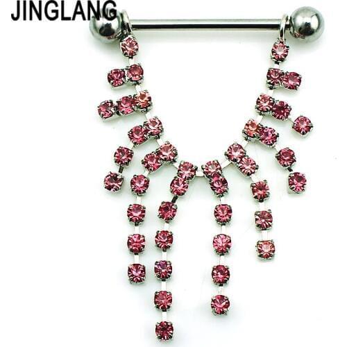 JINGLANG Fashion Classic Nipple Rings 316L Stainless Steel Barbell Rhinestone Long Branch Moon Breast Body Piercing Jewelry