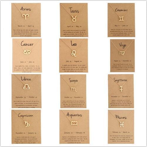 12pcs Gold Card Fashion Jewelry 12 Constellation Zodiac Pendant Necklace For Women