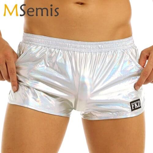 Summer Men Pole Dance Costume Beach Shorts Shiny Metallic Man Sexy Low Rise Boxers Shorts Stage Performance Clubwear Trunks