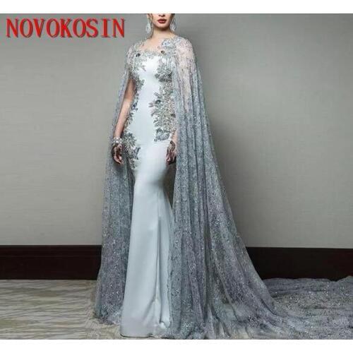 2019 Newest Arabic Mermaid Evening Dresses with Sequined Cape Sleeve Jewel Neck Appliqued Beading Formal Party Celebrity Gowns