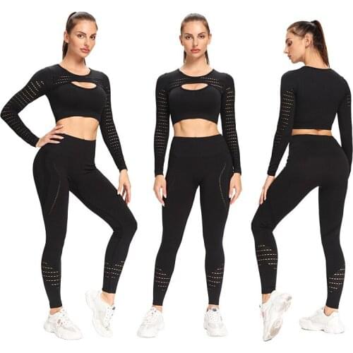 Ombre Seamless Yoga Sets Women Gym Clothes Long Sleeve Fitness Crop Top Sports Bra Sport Leggings 2 Piece Workout Set Sportswear