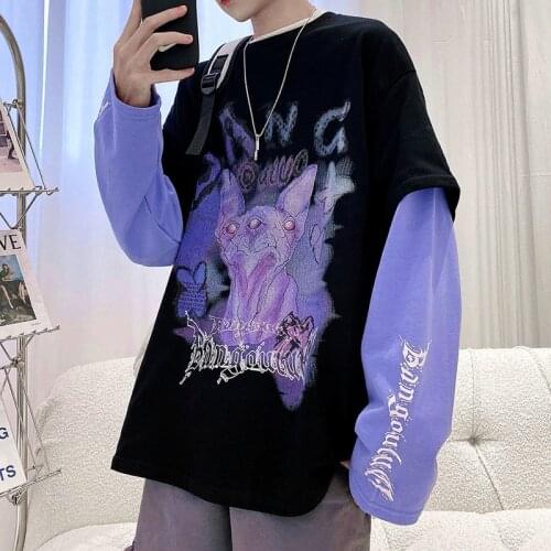 Autumn High Street Anime Print Long Sleeve Gothic Harajuku Women T-Shirts Y2K Fake Two Piece Korean Loose Hip Hop Black Clothes