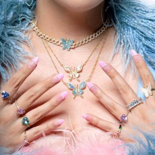 Pink Blue Pastel Enamel Cute Lovely Butterfly Pendant 2021 Valentines Day Gift For Girlfriend Gold Color Colorful CZ Necklace
