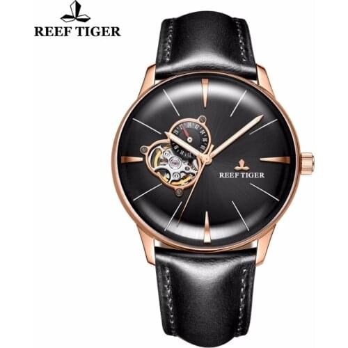 Reef Tiger/RT New Mens Automatic Watches Tourbillon Convex Lens Sapphire Glass Watches Luxury Rose Gold Leather Strap Watches