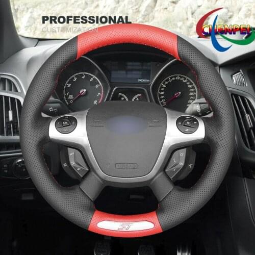 DIY Hand-Sewn Non-Slip Black and Red PU Leather Car Steering Wheel Cover For Ford Focus ST 2012 Car Interior Accessories