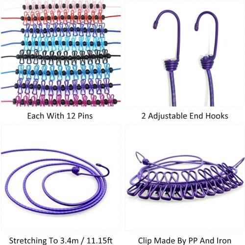 Multifunction Drying Rack Clothes Line With 12 Clips Cloth Hangers Steel Clothes Line Pegs Portable Travel Clothesline