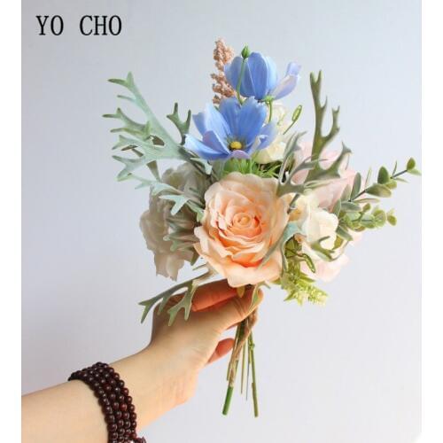 YO CHO Pink Silk Peony Artificial Flowers Wedding Flowers for Bridemaids Silk Blooming Roses Fake Flowers Green Home Decoration