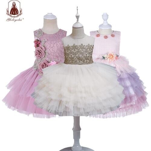 Yoliyolei Tulle Childrens Cake Dress Kids Gowns Princess Tutu Party Holidays Fluffy Child Clothes Lovely Flower Girl Dresses