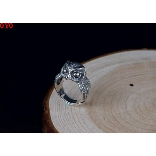 S925 sterling silver jewelry owl with diamond ring ladies Korean version of Thai silver personalized small ring