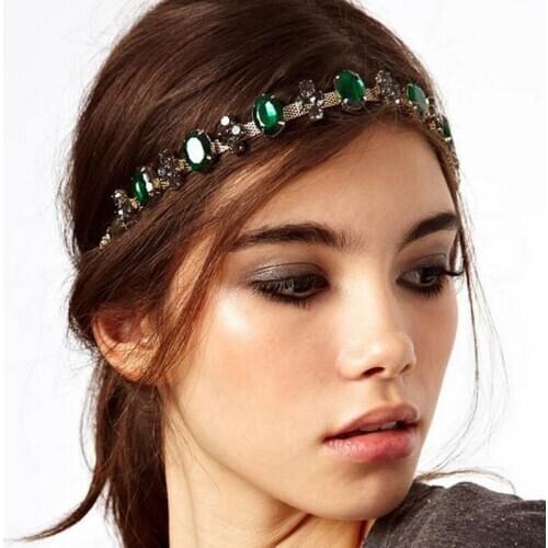 Luxury green crystal headband vintage rhinestone headpiece for women wedding party hair jewelry