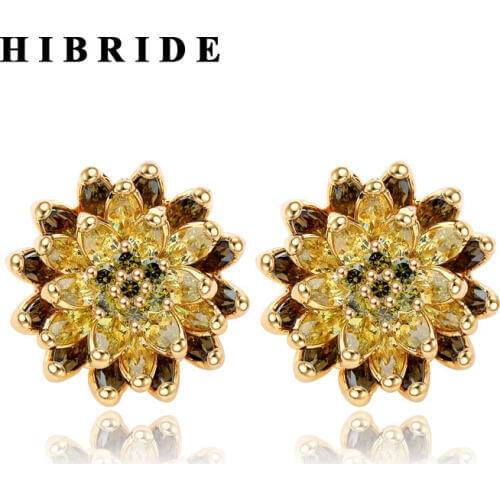 HIBRIDE 3 Colors Beautiful Flower Yellow Cubic Zirconia Stud Earrings Women Fashion Jewelry Classic Female Earring Brincos E-372