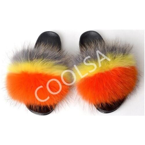 COOLSA Womens Winter Warm Plush Slippers Real Fox Fur Sandals Indoor Cute Fluffy Flip Flops Woman Fur Slides Furry Home Shoes