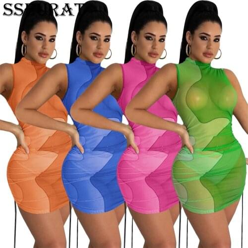 SSEURAT 2021 Sleeveless Turtleneck Tie Dye Style Patchwork Skinny Mini Dress Summer Women Fashion Sexy Party Club Wear