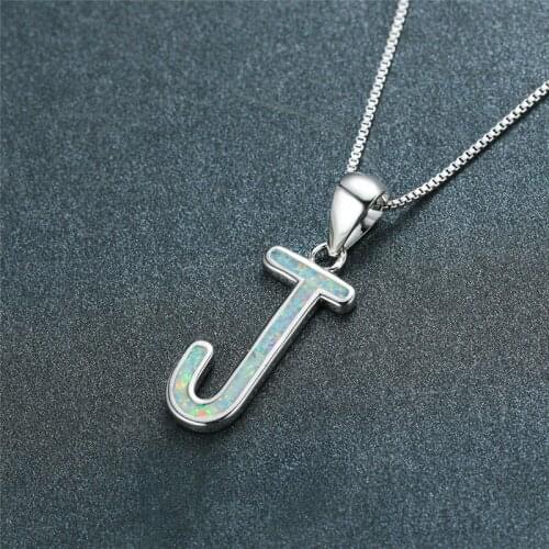 Boho Female Blue White Opal Pendant Necklace Charm Silver Color Chain Necklaces For Women Cute Bridal Letter J Wedding Necklace