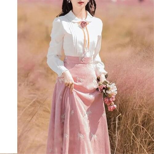 Vintage Elegant Embroidery Fake Two Splicing Dress British Style Women Robe Femme Spring Autumn Korean Peter Pan Collar Clothing