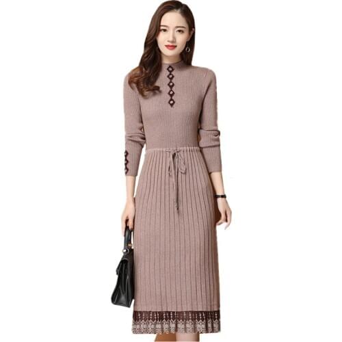 Women Dress Spring Autumn Winter Korean Fashion O-Neck Long Sleeve Casual Knitted Mid-Length Plus Size Ladies Vestidos 3XL H912