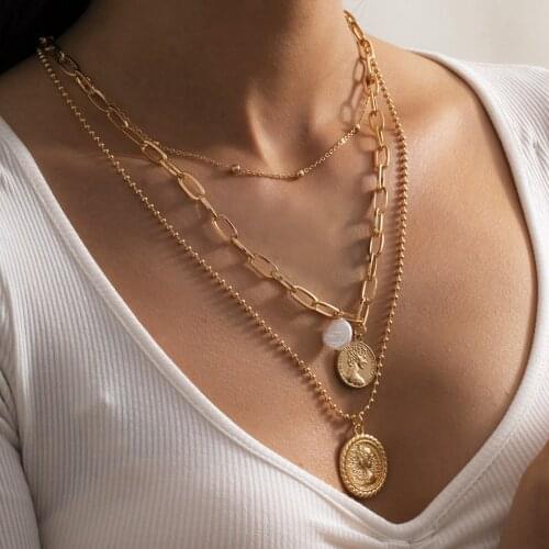 3Pcs/Set Multilayer Coin Portrait Pendant Necklace for Women Wedding Beach Boho Gothic Beaded Chain Aesthetic Neck Jewelry Party
