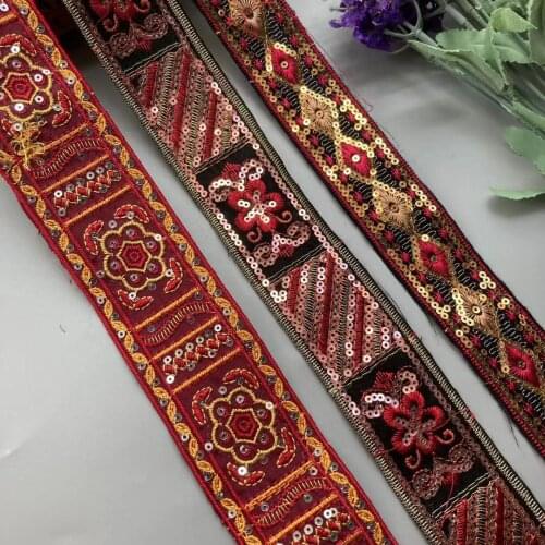 3 Yards Lace Trims Red Gold Ethnic Thread Sequins Webbing Ribbon Tape Shoes Dress Embroidered DIY Sewing Accessorie