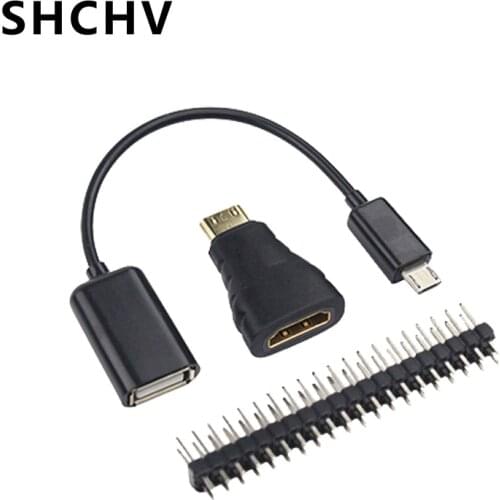3 in 1 Raspberry Pi Zero Accessories Mini HDMI-compatible Adapter + OTG Cable + 40Pin GPIO Header for Raspberry Pi Zero W V1.3
