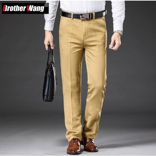 Brother Wang Autumn and Winter New Mens Baggy Straight Casual Pants Modal Fabric High-rise Stretch Business Khaki Trousers Male