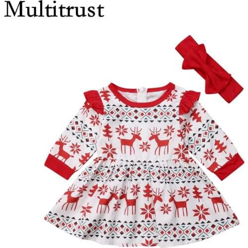 Citgeett Autumn Cute Toddler Kids Baby Girl Christmas Deer Flying Sleeve Party Dress 2Pcs Xmas Autumn Clothes