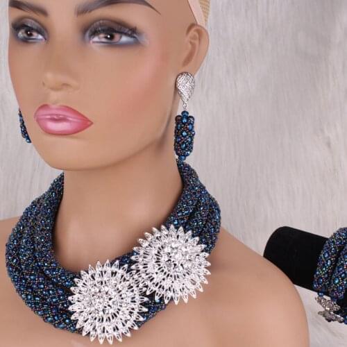 Dudo Dark Blue Necklaces For Women 3 Layers African Jewellery Set Female Bracelet Earrings With Pins