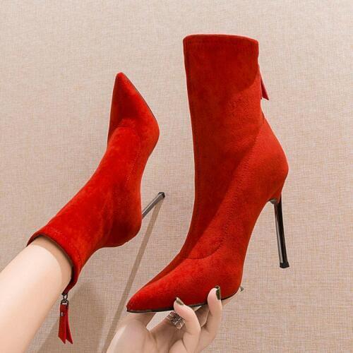 Europea High Heeled Boots Woman Elastic Socks Boots Womens Mid Calf Boots Pointed toes Sexy Booties Chunky Heel Shoes Red