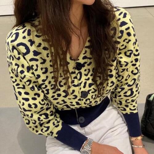Womens Sexy Leopard Sweater Cardigan Spring Autumn Casual V-neck Single Breasted Knitted Sweaters Open Stitch Female Outwear