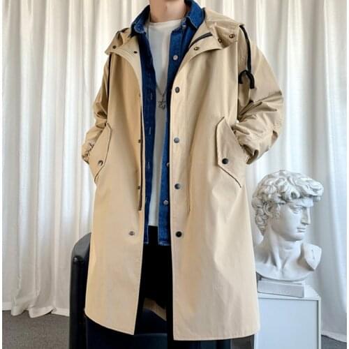 MenS Windbreaker Jacket Long Trench Oversize Loose Streetwear Hooded Vintage Black Coats High Street Casual Male Outerwear New
