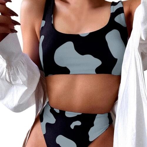 Summer Women Chic High Waist Cow Print Briefs Bra Brassiere Bikini Swimsuit Set
