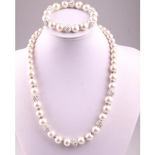MOODPC New arrival crystal spacers 10mm,8mm Glass Pearl and pave ball necklace bracelet jewelry set