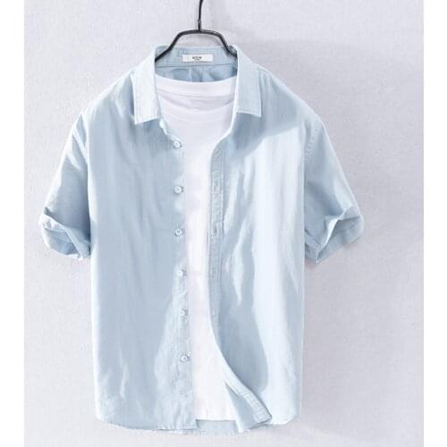 100% Cotton short-sleeved solid trendy shirts men casual blue comfortable shirt for men chemise camisa tops mens clothes
