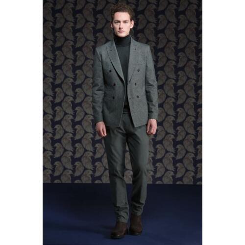 2018 New Smoking Grey Tweed Men Suit Double Breasted Tuxedo Slim Fit 2 Piece Groom Blazer Wedding Suits Masculino Jacket+Pant