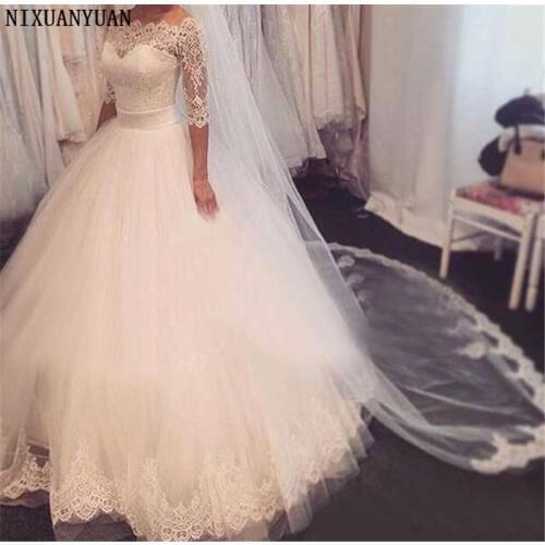 Charming 3/4 Sleeve Wedding Dresses Vintage Floor Length Bridal Ball Gowns Custom Made